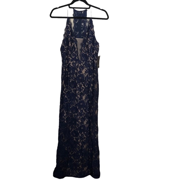 NWT Aidan by Aidan Mattox Lace V-Neck Mermaid Evening Dress Gown in Navy/nude - Picture 4 of 10